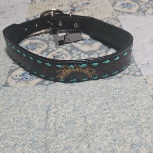 Brown and Teal Hand Tooled Leather Dog Collar
